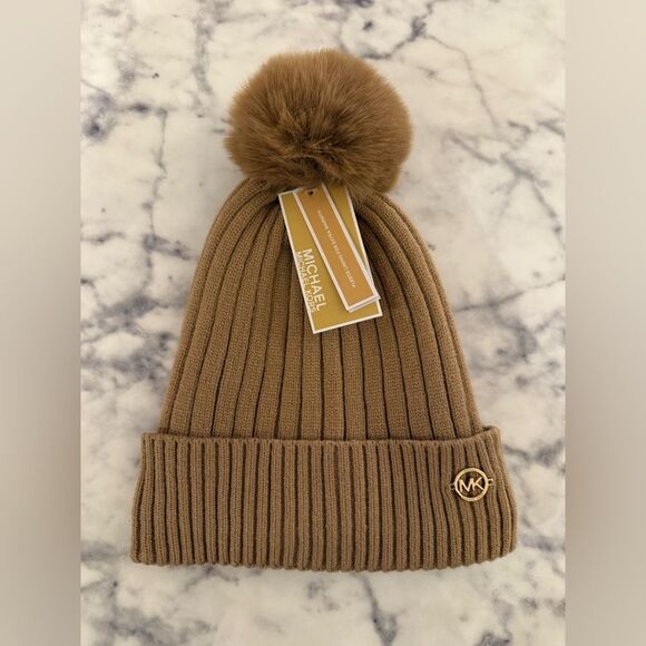 Michael Kors Ribbed Knit Cuffed Hat Beanie Womens Beige - Picture 1 of 7